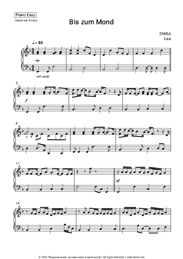 Bis zum Mond - DIKKA, LEA Piano Sheet Music Easy - Piano.Easy