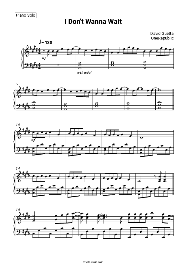 I Don't Wanna Wait - David Guetta, OneRepublic Piano Sheet Music - Piano.Solo