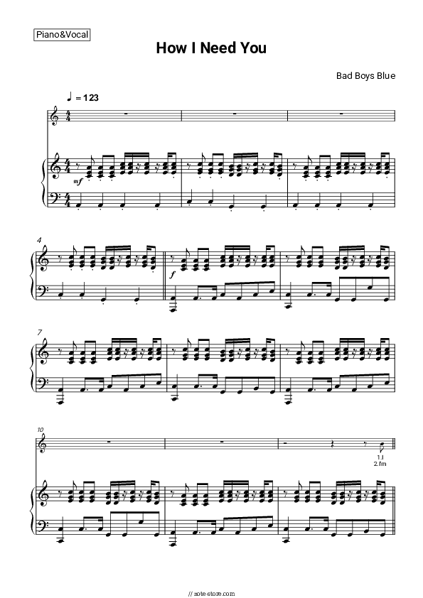 How I Need You - Bad Boys Blue Piano Sheet Music with the Voice part - Piano&Vocal