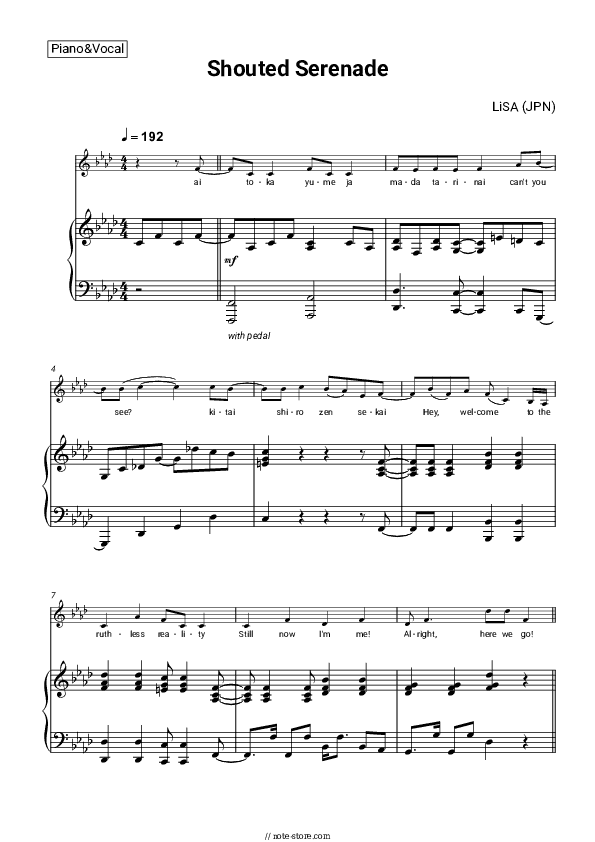 Shouted Serenade - LiSA (JPN) Piano Sheet Music with the Voice part - Piano&Vocal