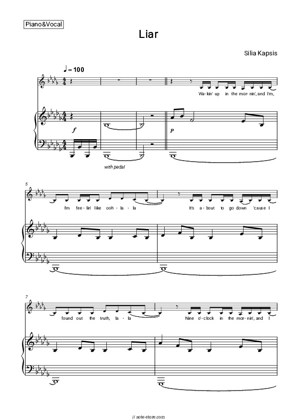 Liar - Silia Kapsis Piano Sheet Music with the Voice part - Piano&Vocal