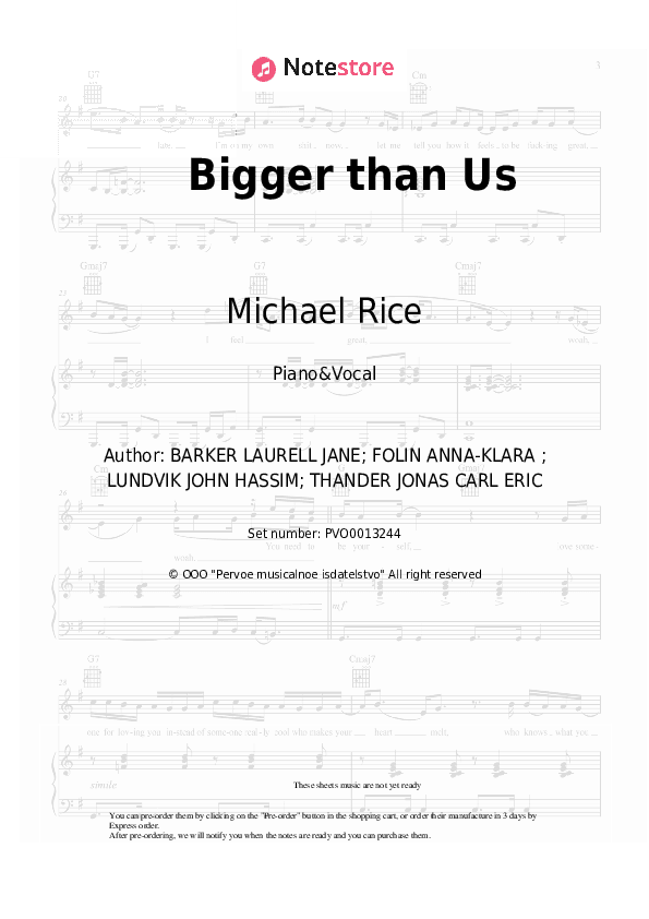Bigger than Us - Michael Rice Piano Sheet Music with the Voice part - Piano&Vocal