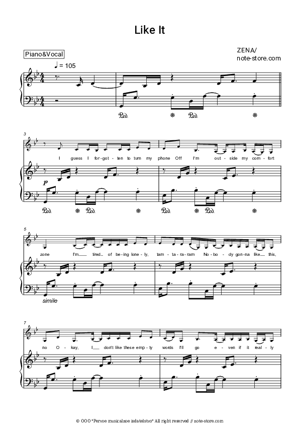 Like It - ZENA Piano Sheet Music with the Voice part - Piano&Vocal