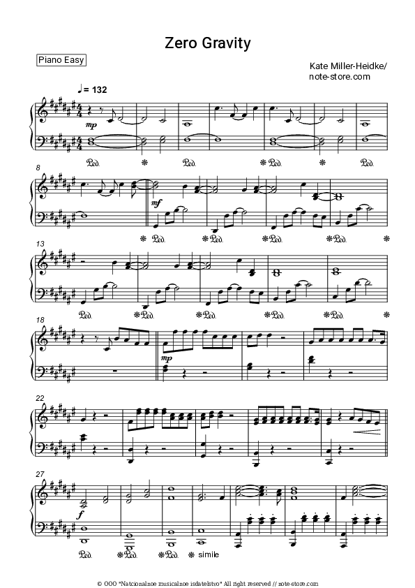 Zero Gravity - Kate Miller-Heidke Piano Sheet Music Easy - Piano.Easy