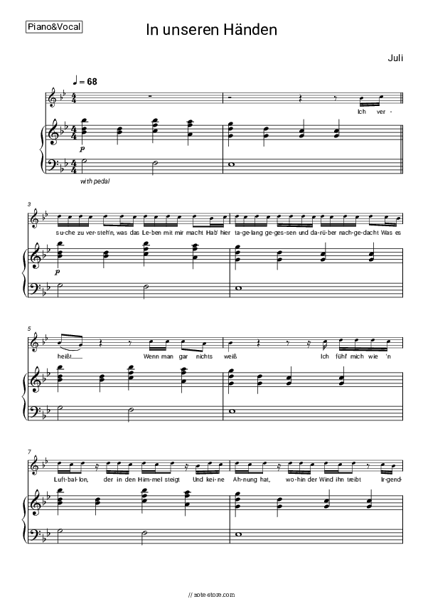 In unseren Händen - Juli Piano Sheet Music with the Voice part - Piano&Vocal