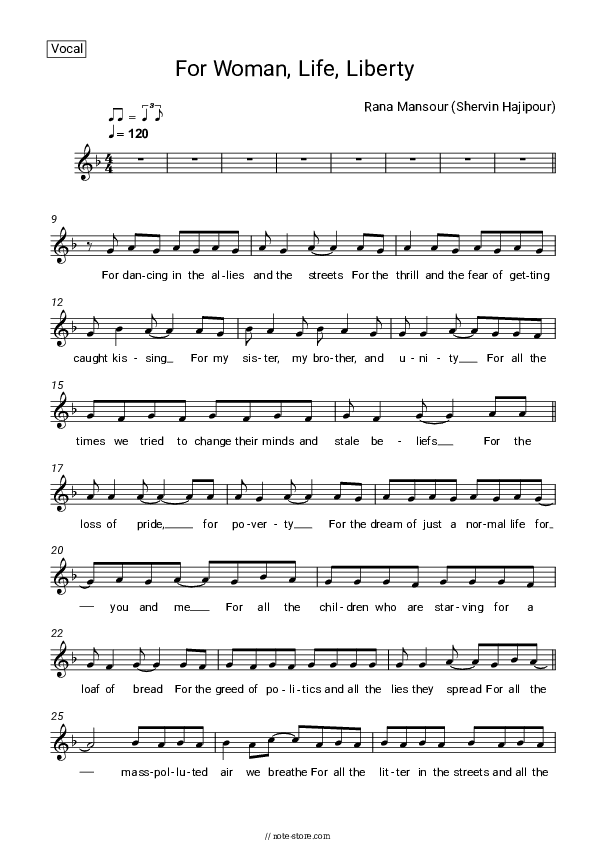 For Woman, Life, Liberty (Baraye) - Rana Mansour Vocal Sheet Music - Vocal