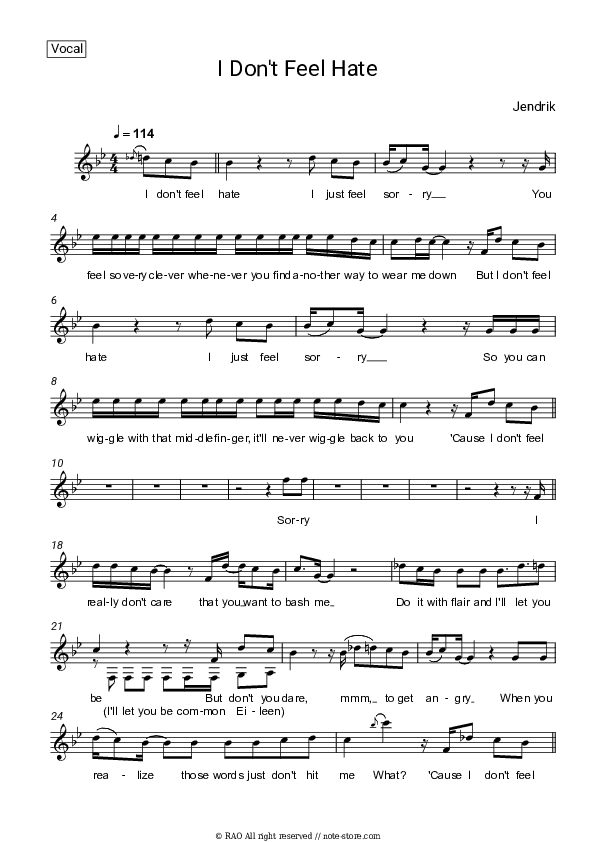 I Don't Feel Hate - Jendrik Vocal Sheet Music - Vocal