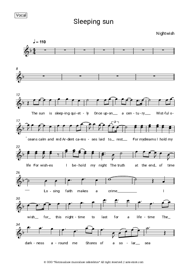 Sleeping sun - Nightwish Vocal Sheet Music - Vocal