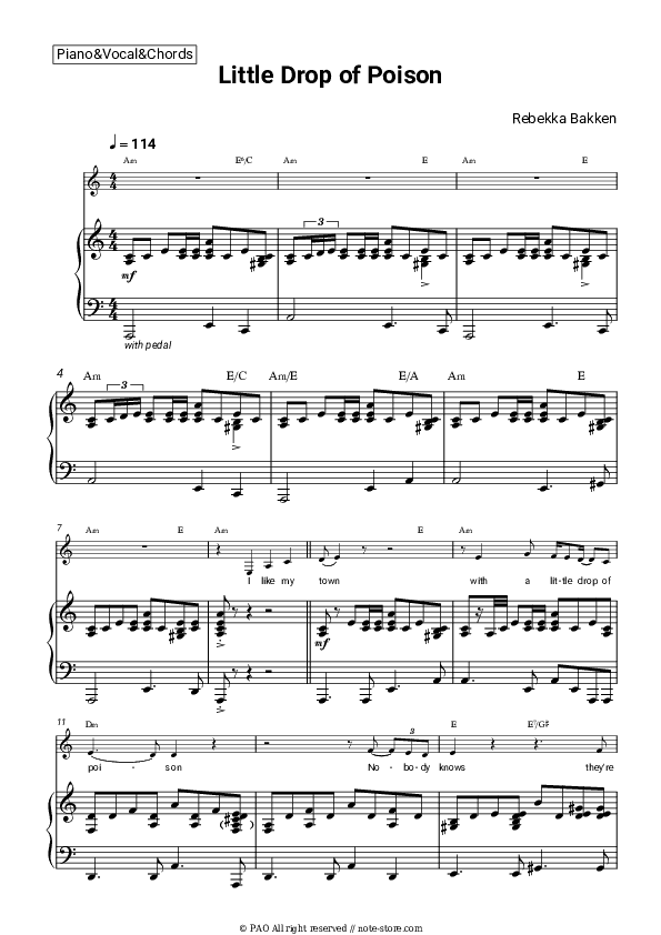 Little Drop of Poison - Rebekka Bakken Piano Sheet Music with the Vocal and Chords - Piano&Vocal&Chords