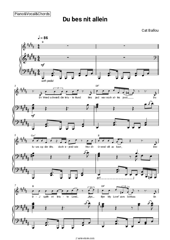 Du bes nit allein - Cat Ballou Piano Sheet Music with the Vocal and Chords - Piano&Vocal&Chords