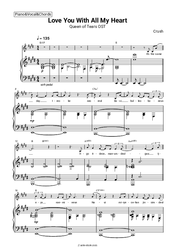 Love You With All My Heart - Crush Piano Sheet Music with the Vocal and Chords - Piano&Vocal&Chords