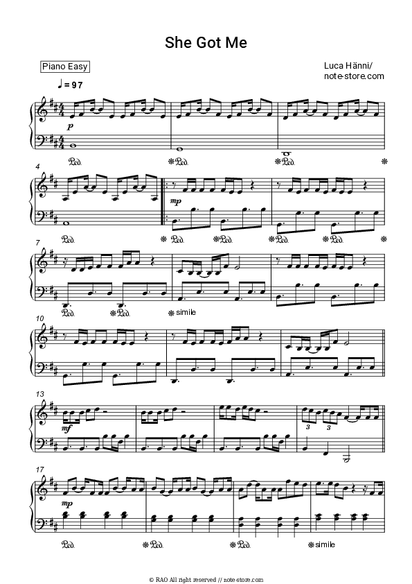 She Got Me - Luca Hänni Piano Sheet Music Easy - Piano.Easy