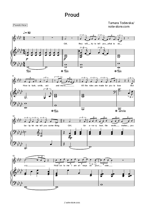 Proud - Tamara Todevska Piano Sheet Music with the Voice part - Piano&Vocal