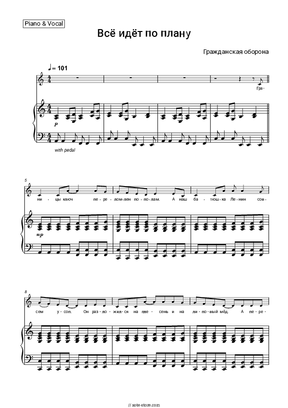 Всё идёт по плану - Grazhdanskaya Oborona, Yegor Letov Piano Sheet Music with the Voice part - Piano&Vocal