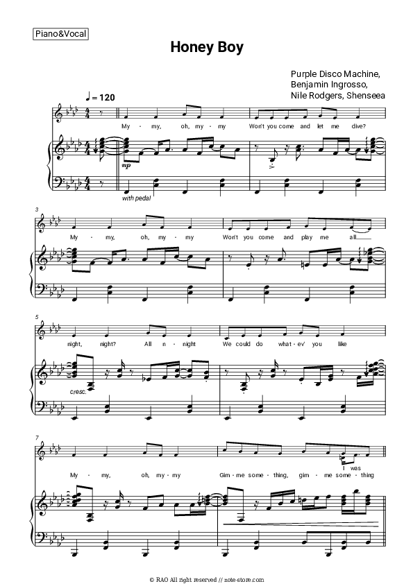 Honey Boy - Purple Disco Machine, Benjamin Ingrosso, Nile Rodgers, Shenseea Piano Sheet Music with the Voice part - Piano&Vocal