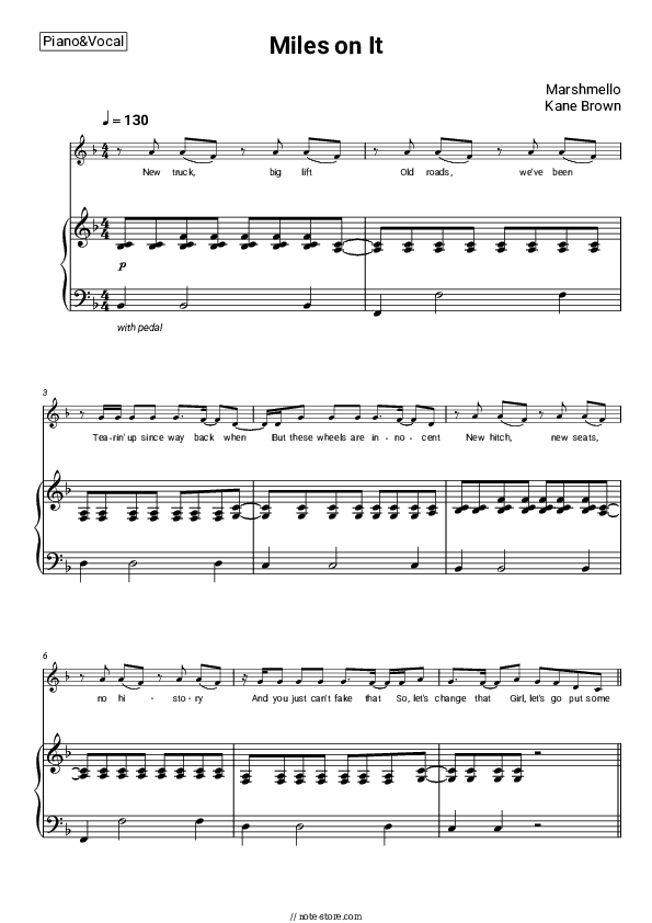 Miles on It - Marshmello, Kane Brown Piano Sheet Music with the Voice part - Piano&Vocal