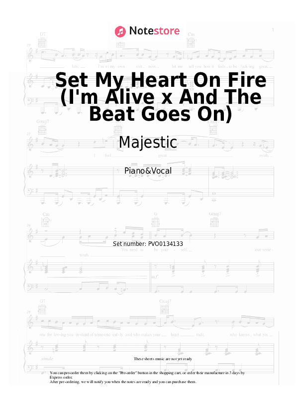 Set My Heart On Fire (I'm Alive x And The Beat Goes On) - Majestic, The Jammin Kid, Celine Dion Piano Sheet Music with the Voice part - Piano&Vocal