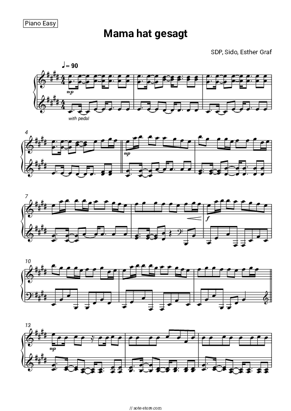 Mama hat gesagt - SDP, Sido, Esther Graf Piano Sheet Music Easy - Piano.Easy