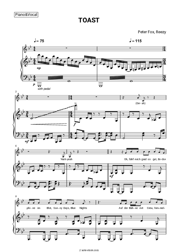 TOAST - Peter Fox, Reezy Piano Sheet Music with the Voice part - Piano&Vocal