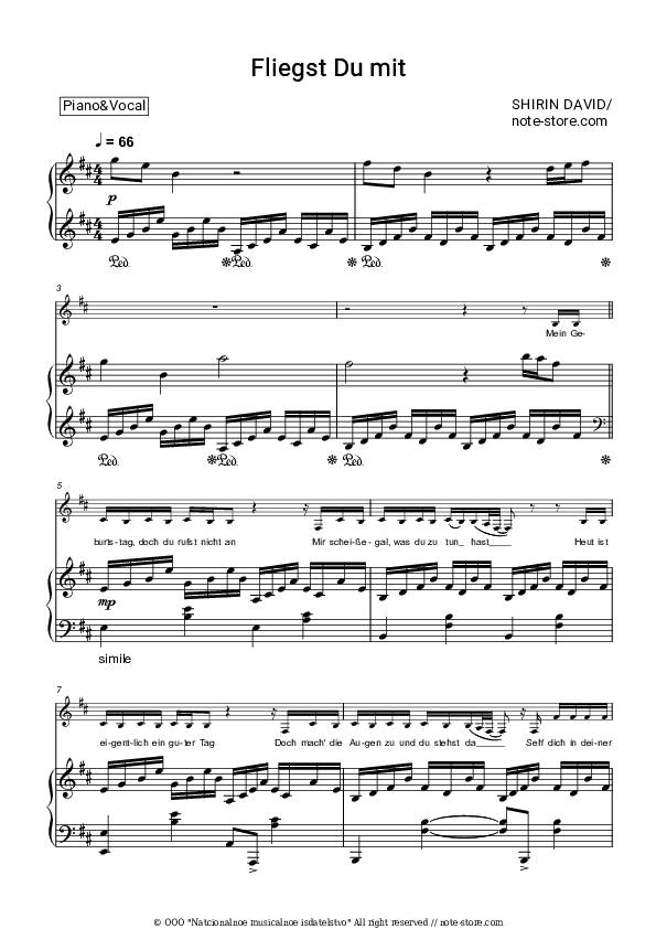 Fliegst Du mit - Shirin David Piano Sheet Music with the Voice part - Piano&Vocal