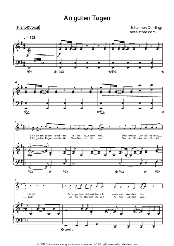 An guten Tagen - Johannes Oerding Piano Sheet Music with the Voice part - Piano&Vocal