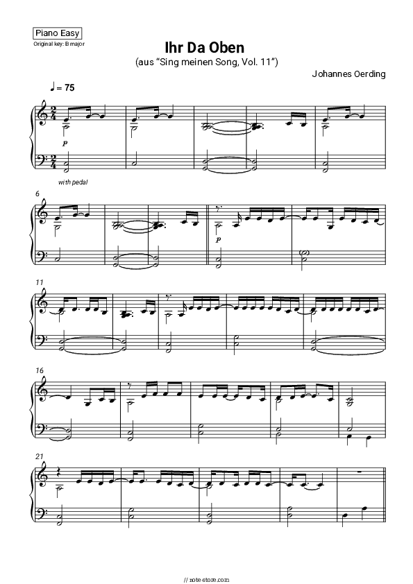 Ihr da oben - Johannes Oerding Piano Sheet Music Easy - Piano.Easy