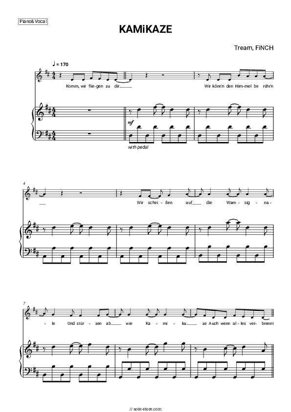 KAMiKAZE - Tream, FiNCH Piano Sheet Music with the Voice part - Piano&Vocal