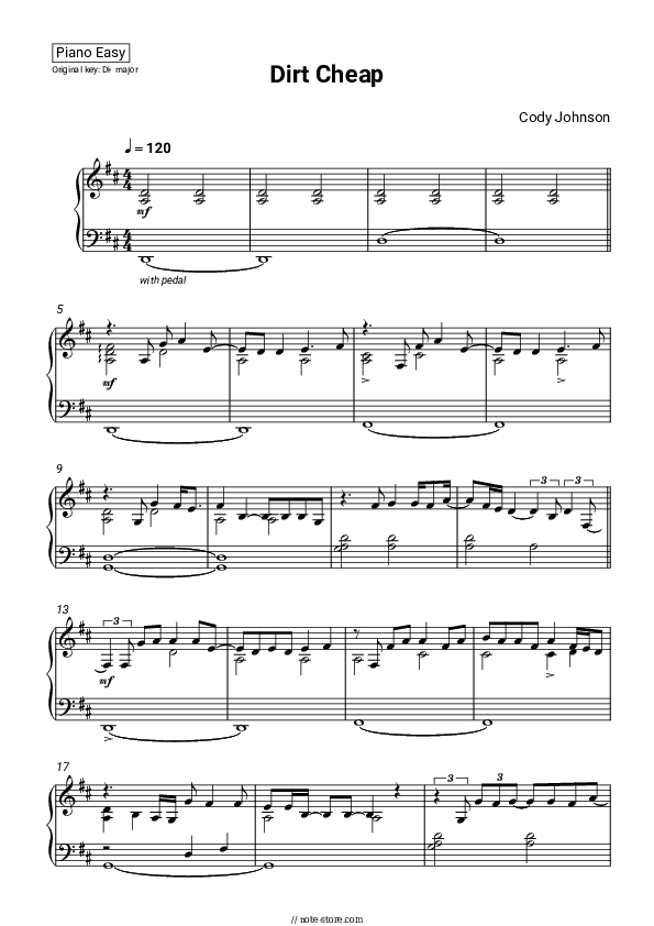 Dirt Cheap - Cody Johnson Piano Sheet Music Easy - Piano.Easy