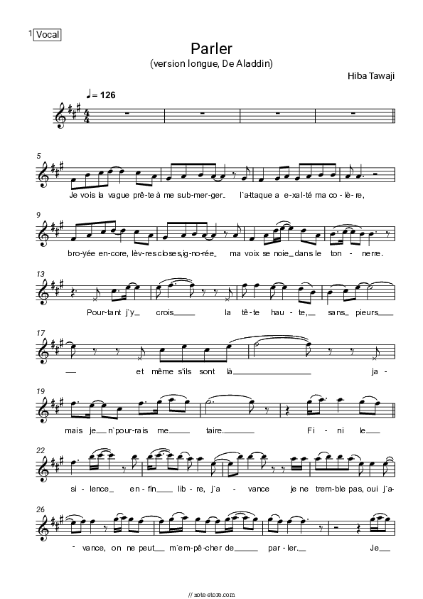 Parler (version longue, De Aladdin) - Hiba Tawaji Vocal Sheet Music - Vocal