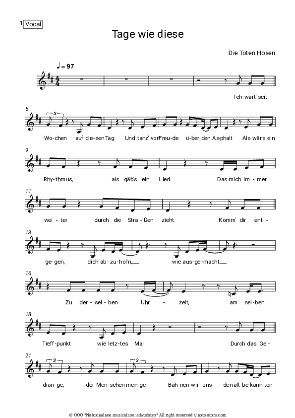 Tage wie diese - Die Toten Hosen Vocal Sheet Music - Vocal