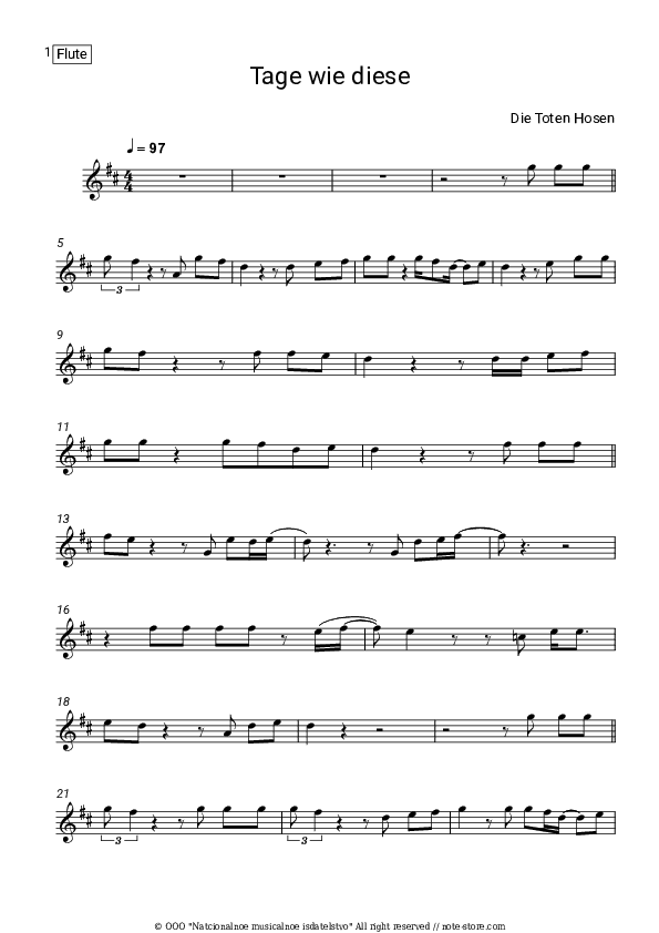 Tage wie diese - Die Toten Hosen Flute Sheet Music - Flute