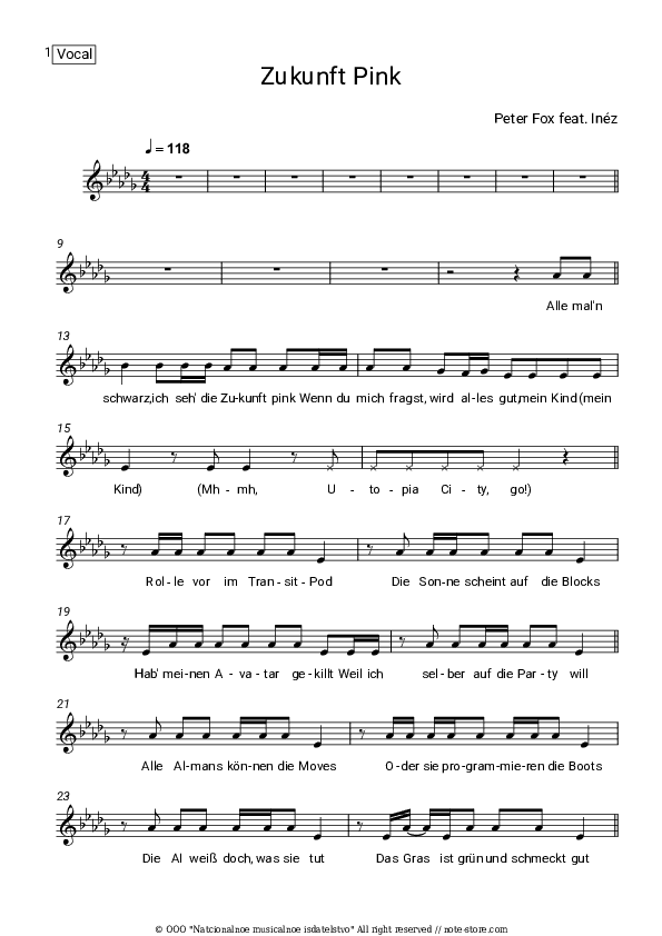 Zukunft Pink - Peter Fox, Inez Vocal Sheet Music - Vocal