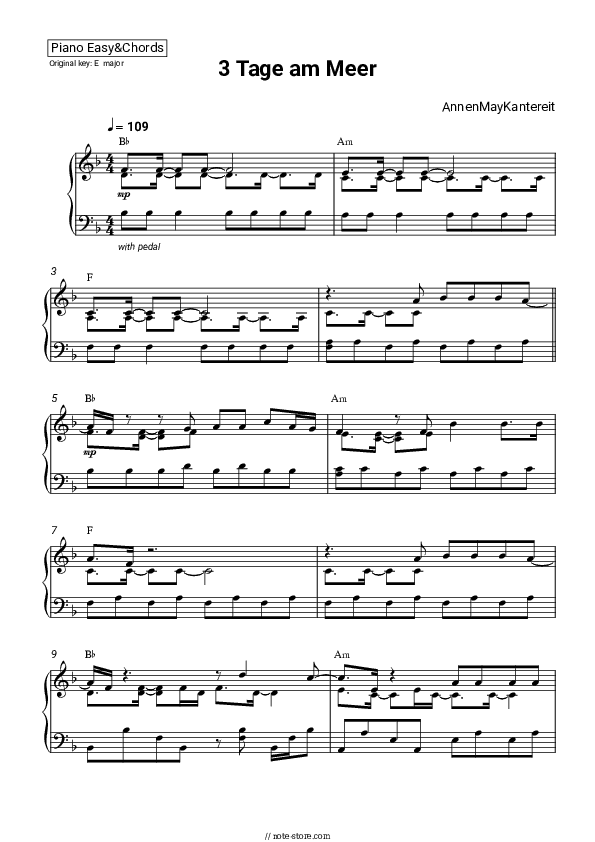 3 Tage am Meer - AnnenMayKantereit Sheet Music Easy and Chords - Piano.Easy&Chords