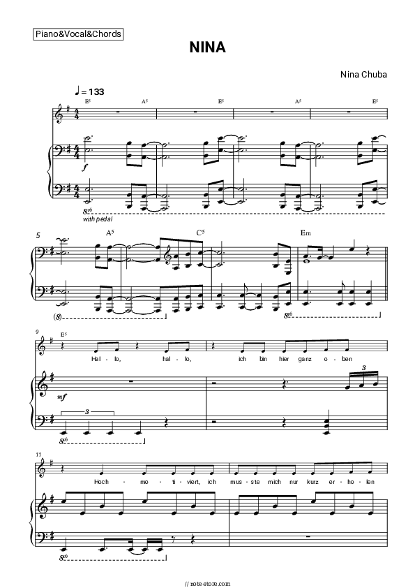 NINA - Nina Chuba Piano Sheet Music with the Vocal and Chords - Piano&Vocal&Chords