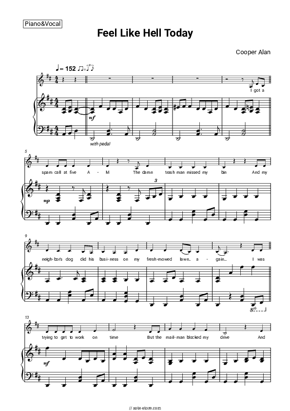 Feel Like Hell Today - Cooper Alan Piano Sheet Music with the Voice part - Piano&Vocal