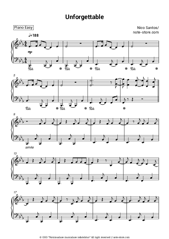 Unforgettable - Nico Santos Piano Sheet Music Easy - Piano.Easy