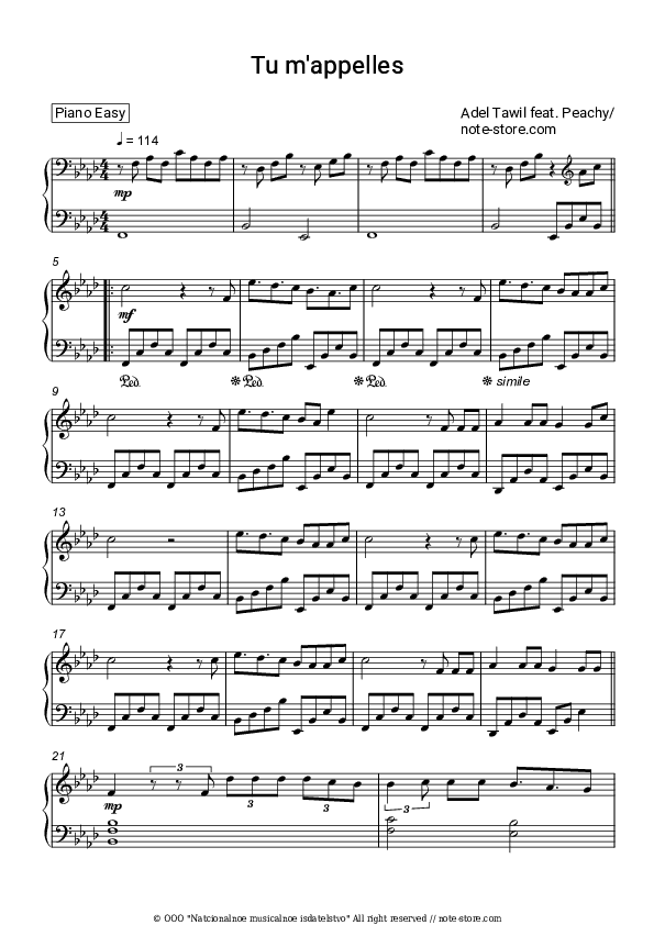 Tu m'appelles - Adel Tawil, PEACHY Piano Sheet Music Easy - Piano.Easy