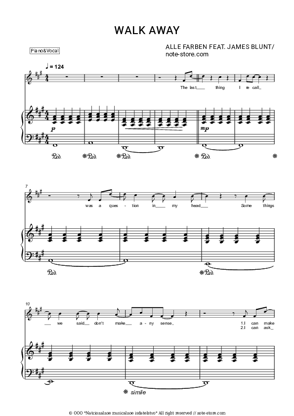 Walk Away - Alle Farben, James Blunt Piano Sheet Music with the Voice part - Piano&Vocal