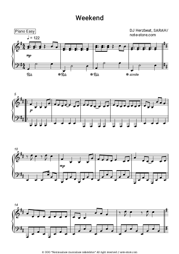 Weekend - DJ Herzbeat, SARAH Piano Sheet Music Easy - Piano.Easy