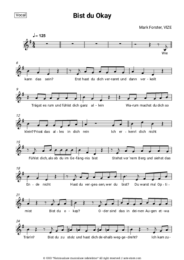 Bist du Okay - Mark Forster, VIZE Vocal Sheet Music - Vocal