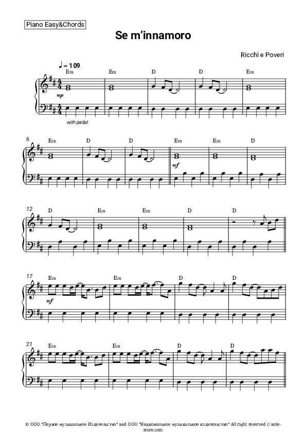 Se m’innamoro - Ricchi e Poveri Sheet Music Easy and Chords - Piano.Easy&Chords