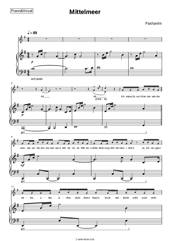 Mittelmeer - Pashanim Piano Sheet Music with the Voice part - Piano&Vocal