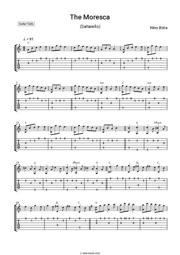 The Moresca (Saltarello) - Nino Rota Tabs Easy - Guitar.Tab.Easy