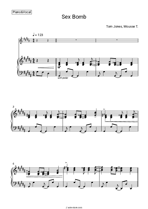 Sex Bomb - Tom Jones, Mousse T. Piano Sheet Music with the Voice part - Piano&Vocal