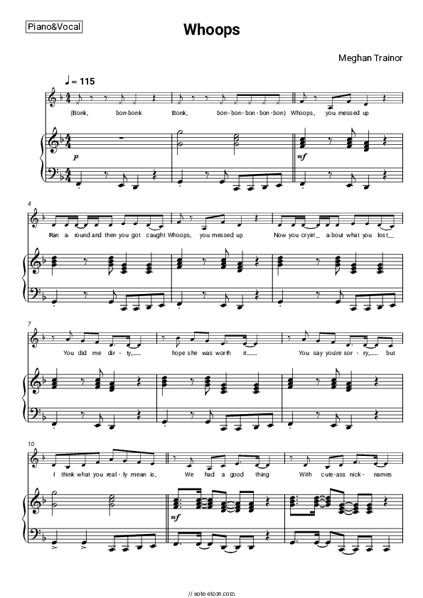 Whoops - Meghan Trainor Piano Sheet Music with the Voice part - Piano&Vocal