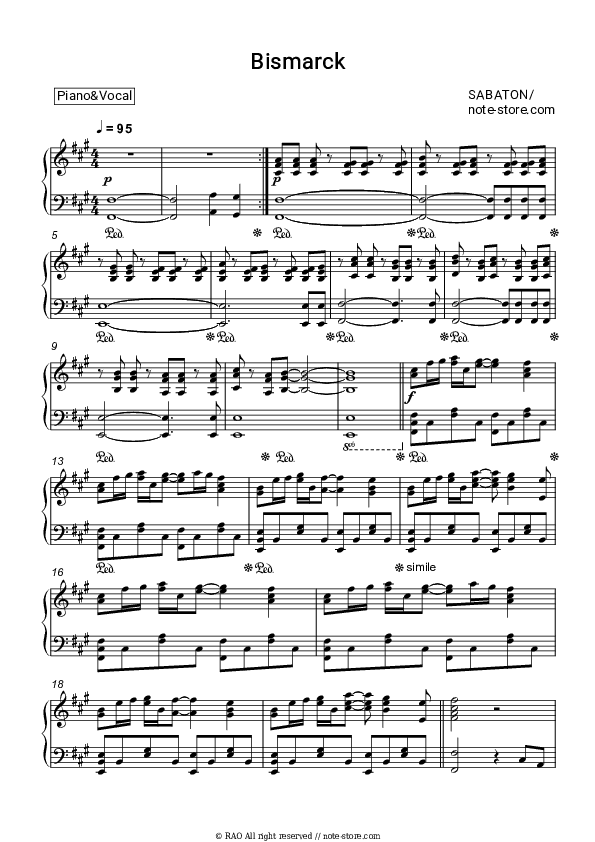 Bismarck - Sabaton Piano Sheet Music with the Voice part - Piano&Vocal