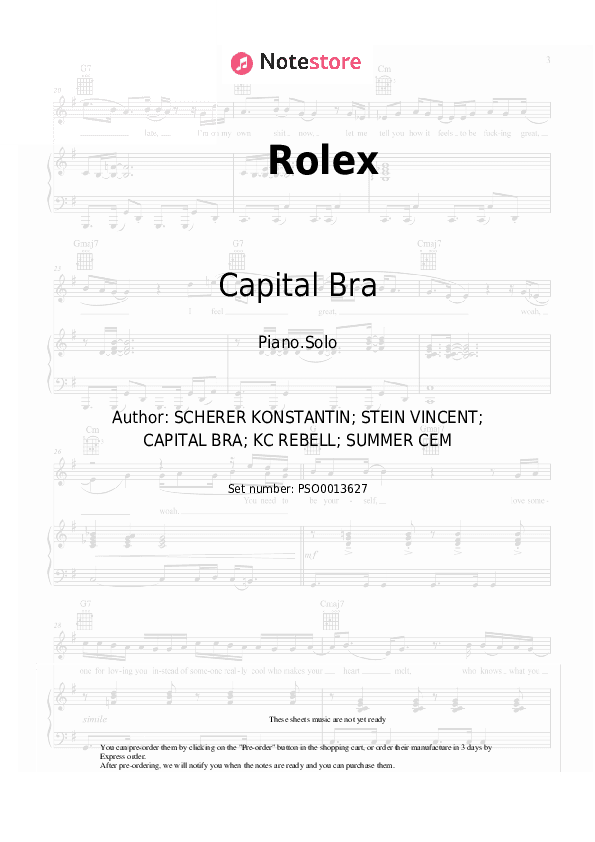 Rolex - Capital Bra, Summer Cem, KC Rebell Piano Sheet Music - Piano.Solo
