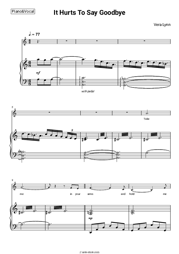 It Hurts To Say Goodbye - Vera Lynn Piano Sheet Music with the Voice part - Piano&Vocal