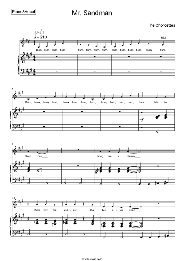 Mr. Sandman - The Chordettes Piano Sheet Music with the Voice part - Piano&Vocal