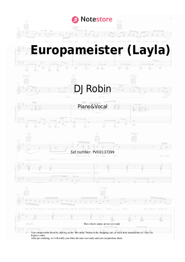 Europameister (Layla) - DJ Robin, Schürze Piano Sheet Music with the Voice part - Piano&Vocal